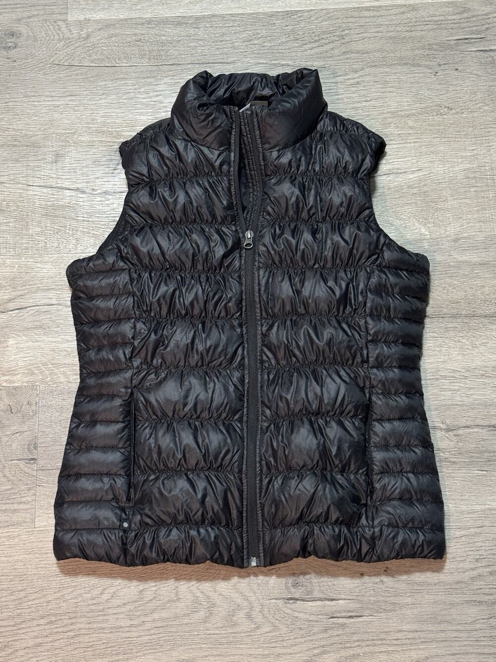 Athleta Black Downalicious Deluxe Down Puffer Vest Size M EUC Full Zip